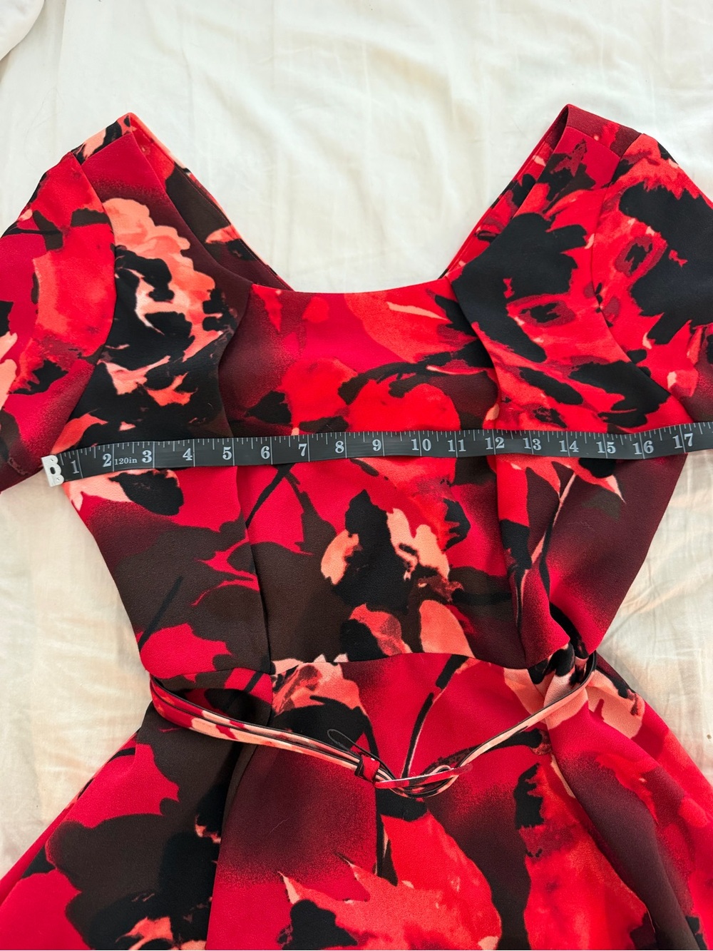 Eva Mendes for New York & Company Red Peony Fit and Flare Belted Dress - Picture 3 of 5
